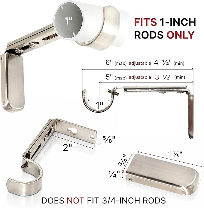 Adjustable Curtain Rod Brackets for Wall with Magnetic Cover, 5 inch Long Heavy Duty Curtain Rod Holders Extended Brackets, Window Hardware Holders Adjustable Mounting Support Brushed Nickel Set of 2