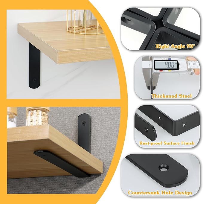 Alise Floating Shelf Brackets,Stainless Steel Black Bracket for Shelves,Heavy Duty L Bracket Corner Brace for Wooden Board Hanging Support,8x5-3/5 Inch(Upgraded,Pack of 4)