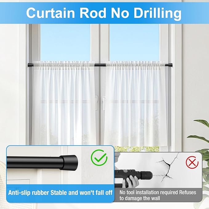 1 Pack Spring Loaded Tension Rod 27-38" Adjustable Curtain Rods No Drill Extendable Spring Rod Tension Curtain Rods For Window Kitchen Shelves Rv Refrigerator And Small Spaces,Black