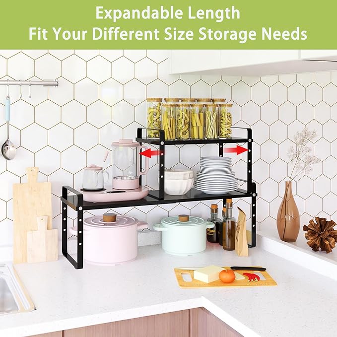 Expandable Cabinet Shelf Organizer Rack, Stackable Kitchen Counter Storage Shelves Stand, Adjustable Height Pantry Shelf Spice Rack