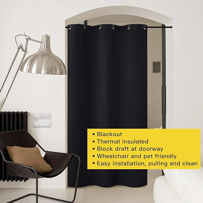 NICETOWN Faux Folding Accordion Doors, Front Door Curtains for Doorway, Privacy Blackout Living Room Bedroom Divider/Sliding Patio Decoration (1 Panel, 9ft Tall x 5ft Wide, Black)