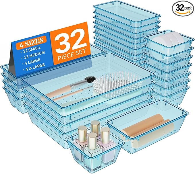 StorMiracle 32 PCS Clear Plastic Drawer Organizer Set, 4-Size vanity organizer Trays and Storage Bins for Makeup, Jewelry and Gadgets in Bedroom, Bathroom and Office, Clear Sea Blue
