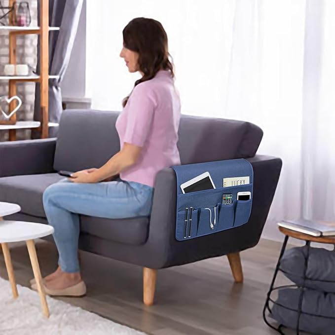 NB Sofa Armrest Organize Remote Holder Bedside Caddy Organizer With 5 Pockets，Non-Slip Couch Remote Control Holder Couch Armchair Caddy Accessories (Blue, 35''X18'')