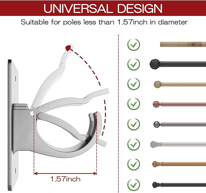 CIEMGNZOC 4PCS No Drill Curtain Brackets, Self-Adhesive Rods, Nail Free Adjustable Holders, Hooks for Rods Under 1.57 Inch (Silver)