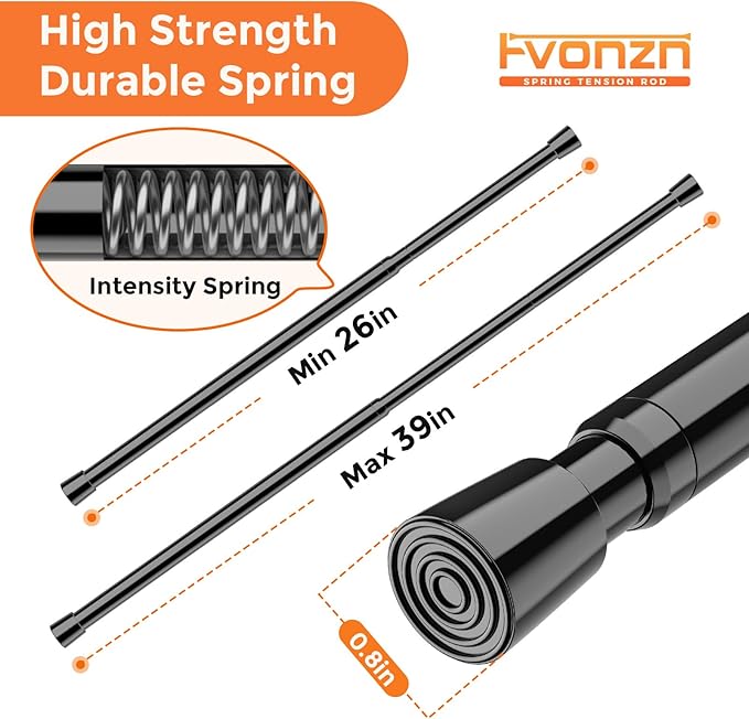 FVONZON Tension Curtain Rod Black Spring Tension Curtain Rods 26-39 inch 6Pack Adjustable Spring Rods Extendable Tension Rod For Closet, Window, Kitchen,Bookshelf,Bathroom