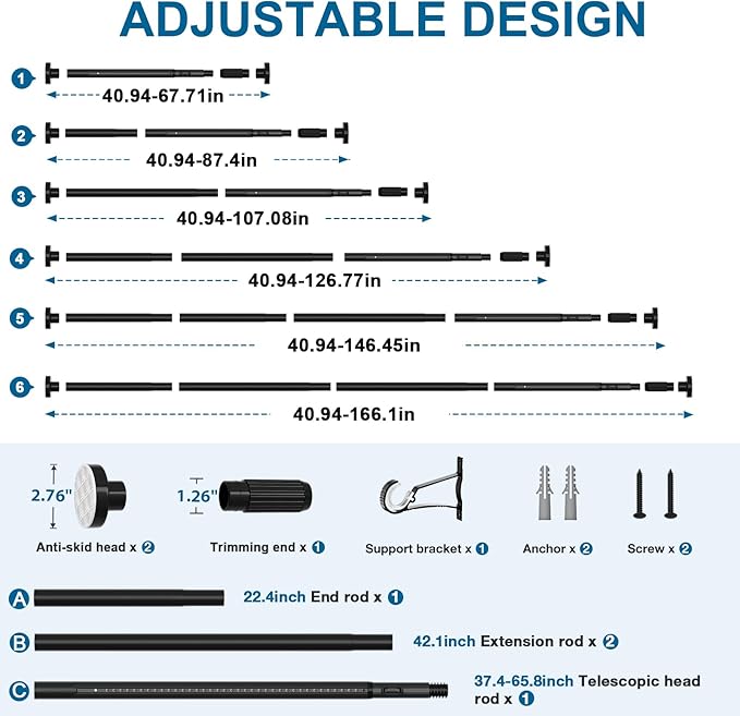 AIZESI 41-165 Inch Heavy Duty Black Tension Curtain Rod - No Drilling, Adjustable, Rust-Resistant for Outdoor, Living Room, Window, Bathroom