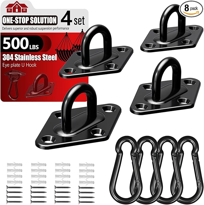 sprookber 304 Stainless Steel Pad Eye Snap Hooks, M5 Heavy Duty Ceiling Hooks, 500 lb Capacity Hammock Swing Hanging kit, Plant Hangers, Marine Hardware Staple Hook Loop with Screws, Set of 8(Black)