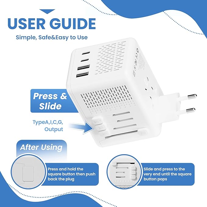 Converter for European Travel, Specially for Hair Dryers, 220v to 110v Voltage Converter with AC Socket, 2 USB C & 2 USB A Ports, Compact Voltage Converter US to Europe (White)