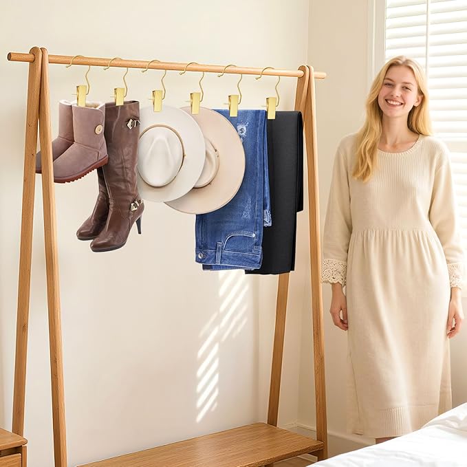 20 Pack Gold Boot Hangers for Closet, Hanger Clips Portable Travel Hangers Space Saving, Boot Clip Hooks for Hanging Clothes Pins Laundry Pants Hooks Towels Hat Bra Socks Jean