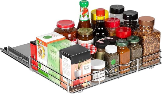 Pull-Out Cabinet Spice Rack Organizer - Slim Slide-Out Storage for Spices, Bottles & Jars, Premium Heavy-Duty Steel, Easy Install for Narrow Kitchen Cabinet - 16 ⅜ W x 10 ½ D x 2 ¾ H, Chrome