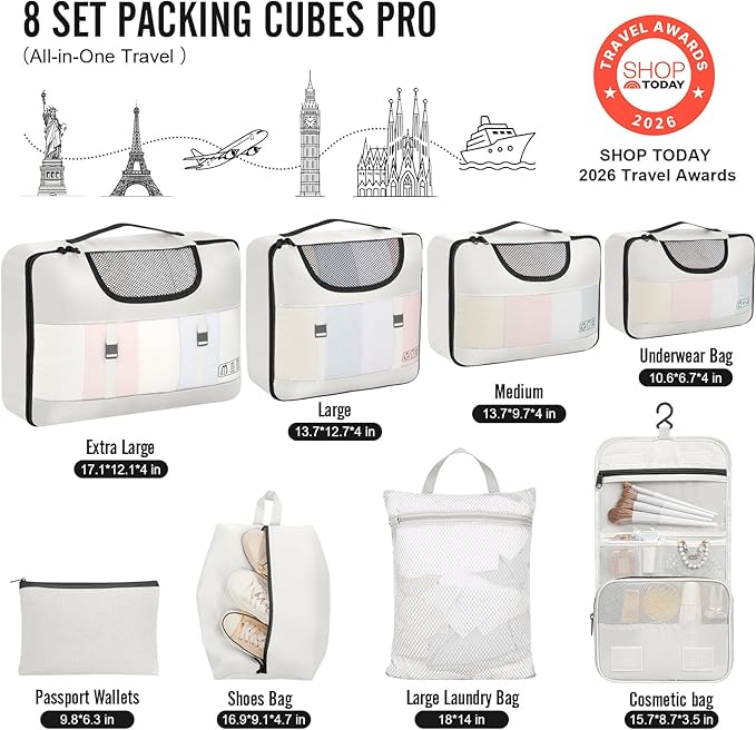 Veken 8 Set Packing Cubes for Travel Essentials, Suitcase Organizer Bags in 4 Sizes, Carry-On Luggage Accessories with Large Laundry & Shoes Bag, Must-Have for Airplane, Road Trip & Camping