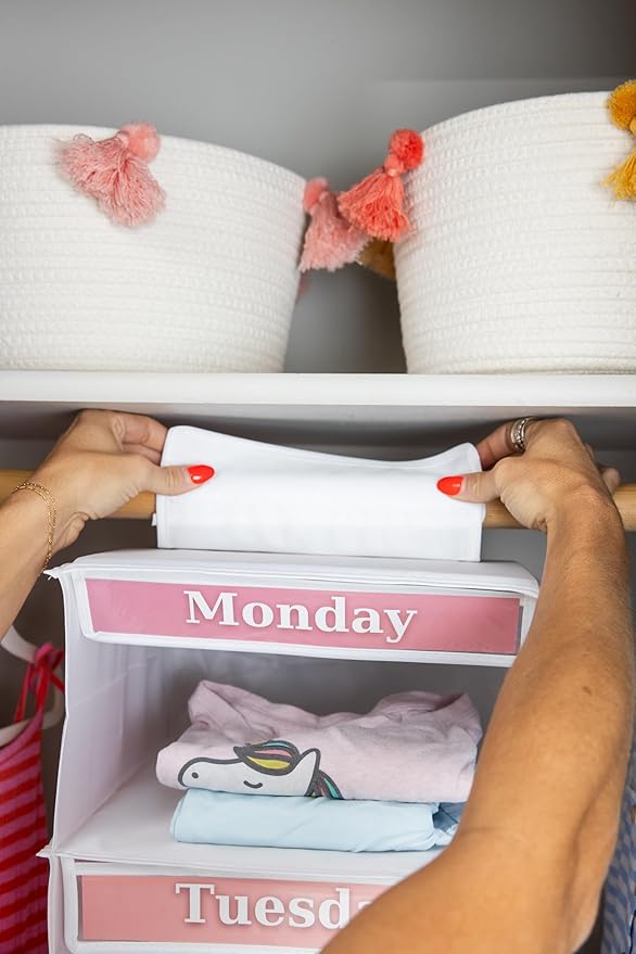 Weekly Clothes Organizer for Kids – 5 Shelf Hanging Closet Storage for School Outfits | Monday to Friday Daily Clothing Divider with Color Labels, 33" Durable Polyester