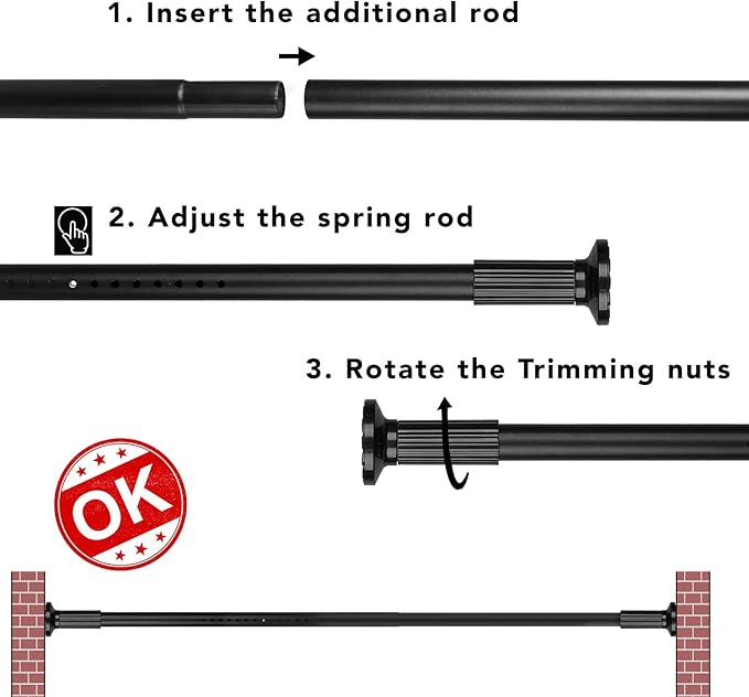 Tension Curtain Rod, 51-145 Inches,Spring Shower Tension Curtain Rod, Closet Rod, for Windows or Shower, Easy to Install, No Drilling, No Rust, for Bathroom, Rod Diameter 1.26 Inches, Black,Umimile