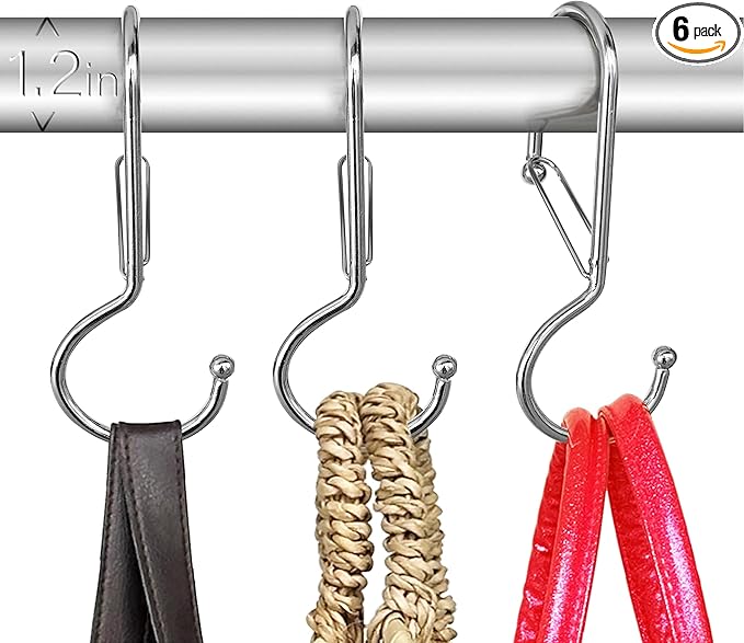 6 Purse Hanger for Closet. Tote Hanger. S-Shaped Hooks S Hooks Twist Design. Anti Drop S-Shaped Hook for hanging handbags with Safety Buckle to Prevent Falls. Heavy Duty. (Silver, Twisted)