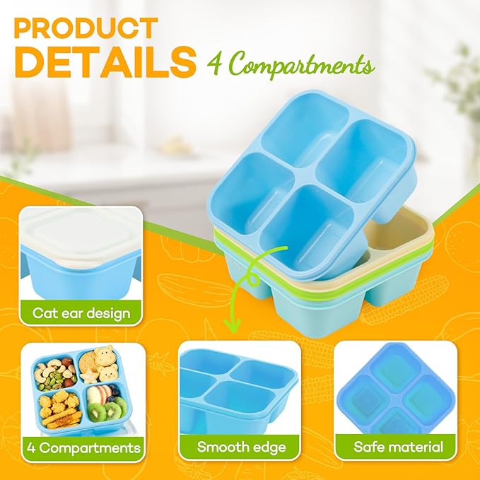 Bento Box Adult Lunch Box- 4 Pack,4 Compartment Snack Containers Reusable Meal Prep Stackable BPA-Free Lunch Containers for Home, Work, Travel (4 Color)