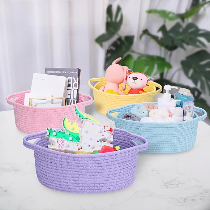 ABenkle Small Basket with Handles - Decorative Durable Rope Woven Storage Bin Shelf Storage Organizer Cube, Easter Baby Gift Basket, 12"x8"x5"