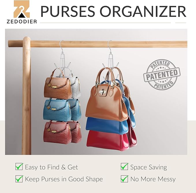 ZEDODIER 3 Pack Purse Organizer for Closet, Heavy-Duty Hanging Purse Hanger Closet Holds Up to 18 Purses, Metal Rotating Space Saving Bag Holder Handbag Storage Hook Backpack Rack, Silver