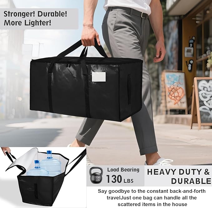 4 Pack-Extra Large Heavy Duty Moving Bags - Waterproof Storage Totes with Handles & Zippers, Foldable for College Dorm, Storage (Black)