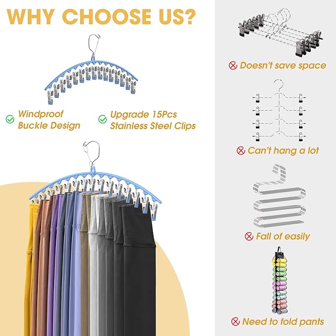 3 Pack Skirt Pants Hangers with Clips, Legging Organizer for Closet Hanging with 10 Cilps Holds 30 Leggings/Shorts/Jeans/Skirts Pants Hangers Space Saving Closet Organizers and Storage, Blue