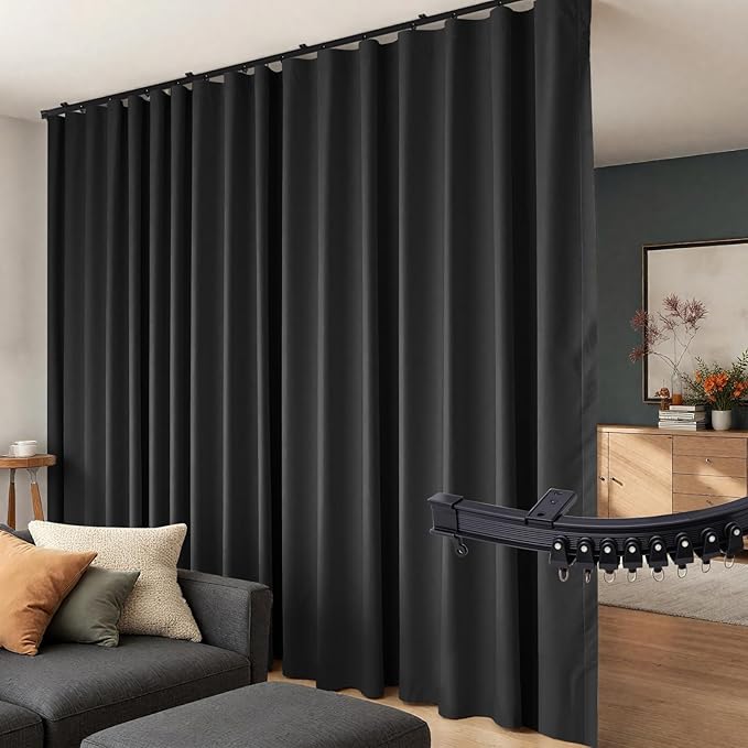 Room Divider Curtains Flexible Ceiling Tracks Set Curtain Track Ceiling Mount Blackout Curtain for Living Room Bedroom Ceiling Curtain Rod Privacy Dividers Panels W180 x H96 Black Drape & Black Rail