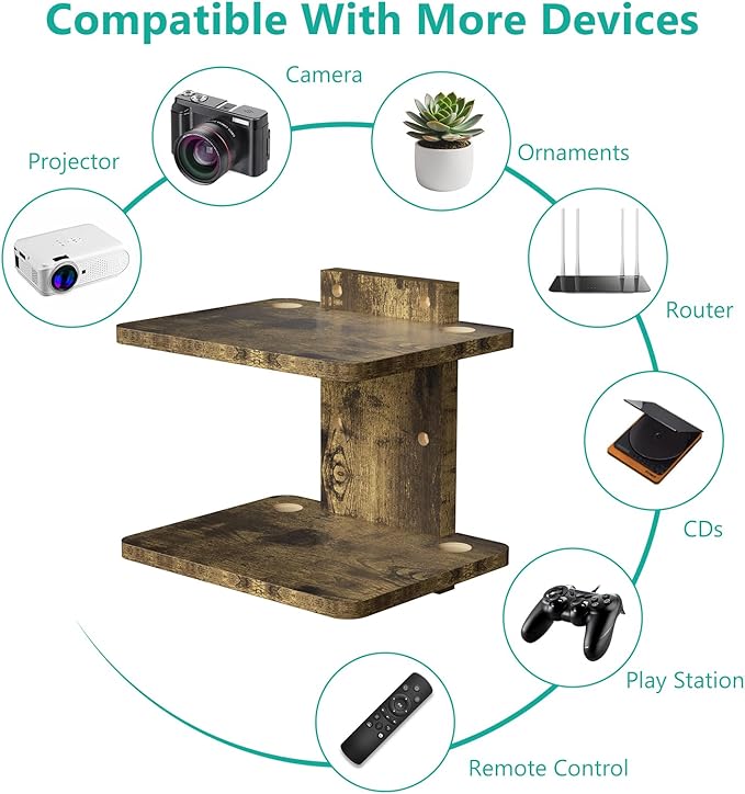 WALI Floating TV Shelf, 2 Tier Projector Shelf for DVD Player, Routers, Game Console, Cable Boxes, Living Room Decor Accessories, Wall Mount Shelves Holds Up to 22lbs(CS202NC), 2-Shelf, Vintage Brown