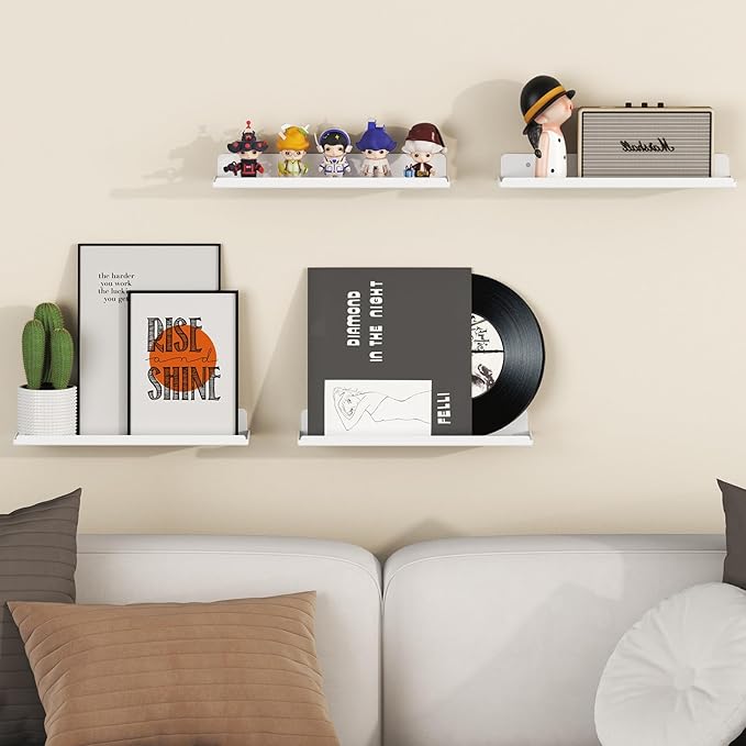 Lifewit Floating Shelves for Bathroom, Acrylic Wall Organizer for Perfume, Makeup, Figures, Nail Polish, Photo, Book, 14" Decor Display Rack for Nursery, Living Room, Bedroom, Kitchen, White, 6 Pack