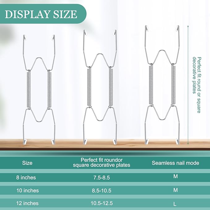 Hotop 12 Pieces Plate Hangers for Wall 8/10/12 Inch Stainless Steel Wire Invisible Plate Hangers Heavy Duty Display Holders with 12 Pieces Hooks for Wall Decorative(Silver)