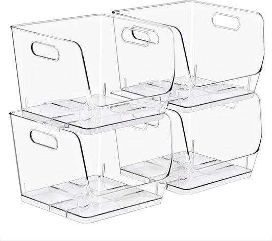 Sorbus Stackable Storage Bins Open Front, Clear Stackable Storage Bins, Pantry Bins for Storage and Organization, Acrylic Stackable Bins for Kitchen, Clear Pantry Organizer Bins (Medium Sqware 4 Pack)