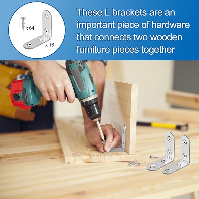 16 Pcs L Bracket Stainless Steel Corner Brace Sets, 90 Degree Right Angle Brackets with 64 Pcs Screws, L Bracket Firmware for Wooden Shelves, Chairs, Tables, Dressers, Furniture (Silver)