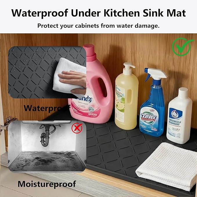 Mateeylife Under Sink Mats for Kitchen Waterproof 28"X19", Undersink Protectors，Silicone Mat Cabinet Liner, Under Sink Organizer for Bathroom and Kitchen，Boot Tray Pet Food Mat, Classic Black