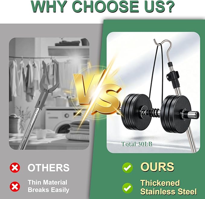 Heavy Duty Closet Hanger Reaching Pole,36" to 65" Clothes Hook Pole Telescoping Pole S Hooks for Plant Stainless Steel Pipe Sturdiness Lightweight Non-Slip Soft Sponge Handle Rod