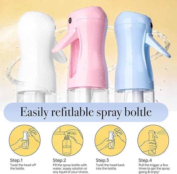 3Pcs Continuous Spray Bottles For Hair,Ultra Fine Mister for Hair Styling, Plants, Cleaning, Salon, Misting & Skin Care (200ml Blue+Pink+Clear)