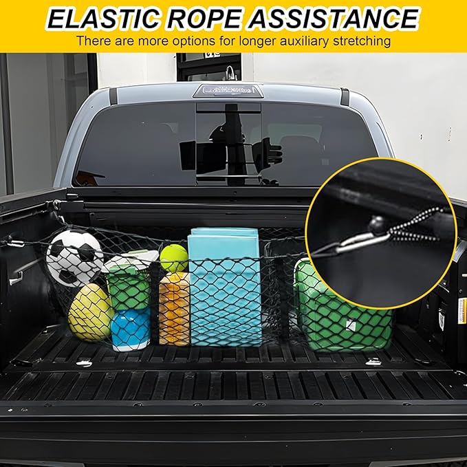 Upgraded 3 Pocket Truck Bed Cargo Net for Toyota Ford Dodge GMC Chevy Silverado, Universal Pickup Mesh Storage Net 47.2" x 11.8" Stretchable Elastic Truck Bed Grocery Holder Net with 4 Ball Bungees