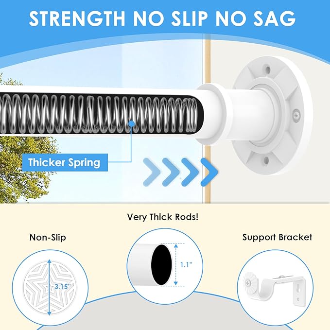 Long Tension Curtain Rod 31-112 inch White Shower Curtain Rods for Adjustable Outdoor Curtain Rods for Windows Spring Rod No Drilling Or Screw Mount Install Non Slip, No Rust