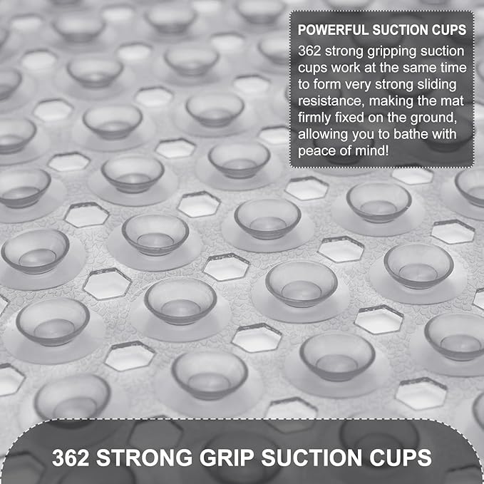 TEESHLY Upgrade Bath Tub and Shower Mats, Non Slip 40 x 16 Inch Extra Large Bathtub Mat, Machine Washable Bathmat with Drain Holes, Suction Cups for Bathroom Floor, Clear Gray