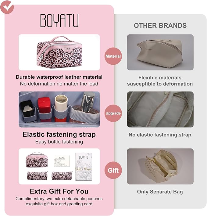 Travel Makeup Bags Organizer for Women: 3 Pcs Set Cosmetic Bag - Large Make up Bag with Compartments - Flat Open Waterproof Leather Toiletry Bags for Skincare, Brushes & Travel Essentials - Pink