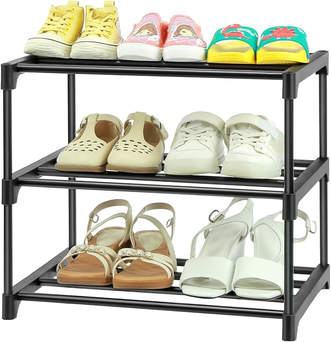 3-Tier Small Shoe Racks, Narrow Shoe Rack for 5-6 Pairs Shoe Storage,Kids Shoe Racks for Small Place,Lightweight Stackable Shoe Shelf Organizer for Closet,Black