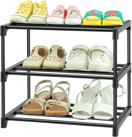 3-Tier Small Shoe Racks, Narrow Shoe Rack for 5-6 Pairs Shoe Storage,Kids Shoe Racks for Small Place,Lightweight Stackable Shoe Shelf Organizer for Closet,Black