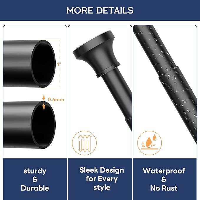 Adjustable Shower Curtain Rod 31-80 Inch, Never Rust Stainless Steel Black Tension Rod, 1" Heavy Duty No-Drill for Bathroom, Kitchen & Closet