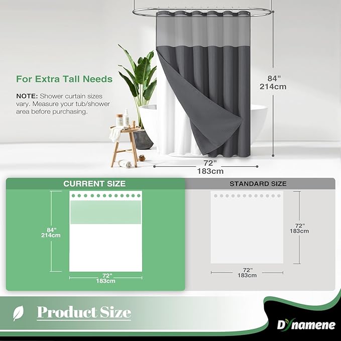 Dynamene Extra Long Shower Curtain, 84 Inch Long Waffle Fabric Shower Curtain for Bathroom, Tall Waterproof Cloth Shower Curtain Set with Hook, Snap in Liner, Mesh Top Window, Charcoal Grey, 72x84