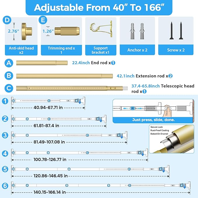 AIZESI 41-165 Inch Heavy Duty Gold Tension Curtain Rod - No Drilling, Adjustable, Rust-Proof for Outdoor, Living Room, Bathroom