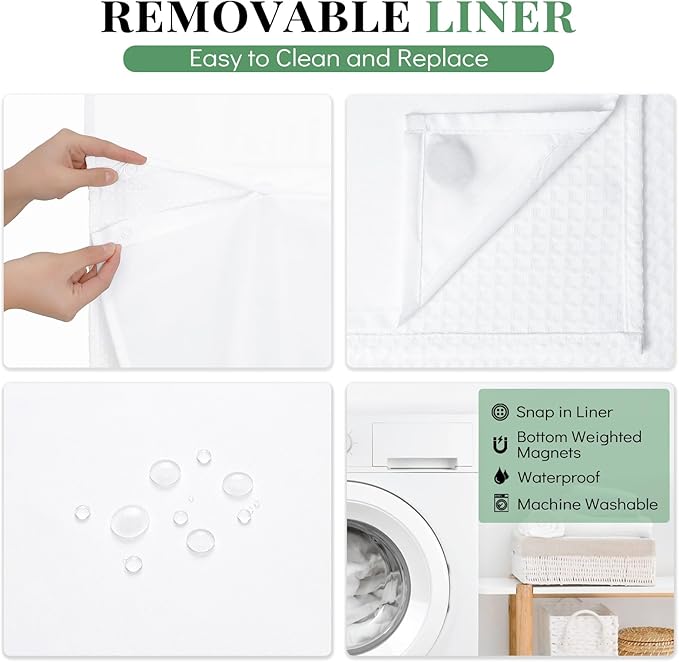 Dynamene Fabric Shower Curtain with Snap in Liner, White Waffle Hotel Shower Curtains for Bathroom, Washable Waterproof Cloth Shower Curtain Liner Set with Plastic Hooks, Mesh Top Window, 72x72