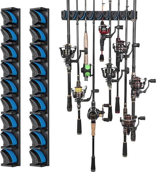 PLUSINNO 2 pack Vertical Fishing Rod rack, Wall Mounted Fishing Rod holder, 2 Packs Fishing Pole Holders Hold Up to 18 Rods or Combos, Fishing rod holders for garage, Fishing Gear and Gifts for Men