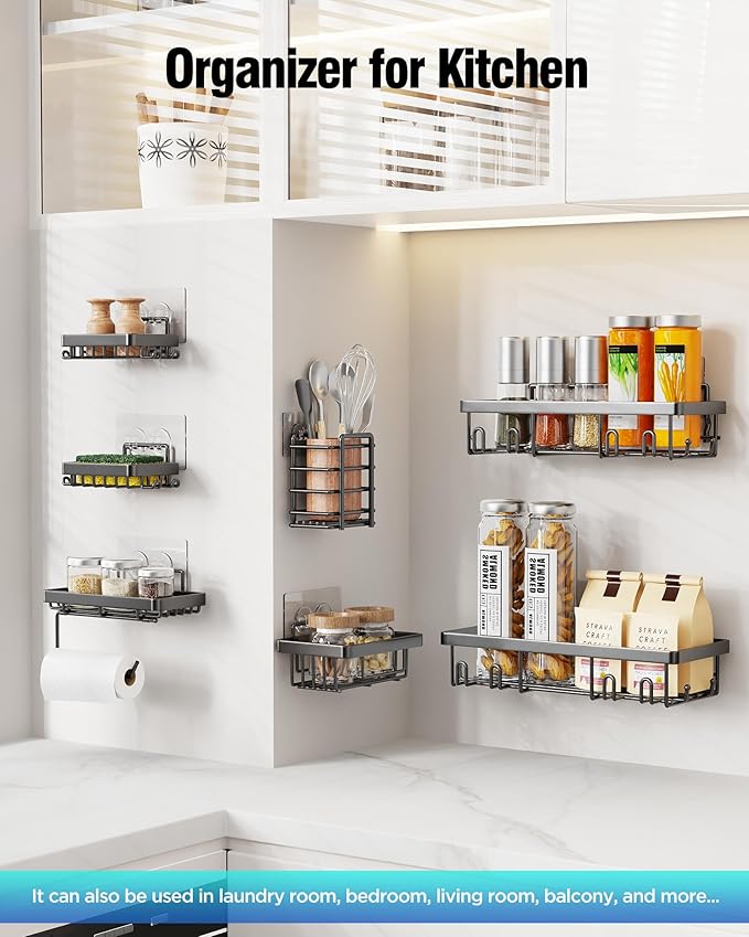 Shower Caddy 7 Pack, Adhesive Bathroom Shower Organizer for Bathroom Storage, No Drilling Large Capacity Rustproof Stainless Steel Shower Shelves Rack for Bath, Black
