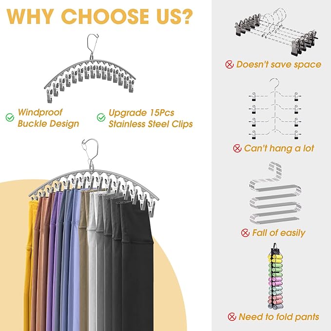 3 Pack Skirt Pants Hangers with Clips, Legging Organizer for Closet Hanging with 10 Cilps Holds 30 Leggings/Shorts/Jeans/Skirts Pants Hangers Space Saving Closet Organizers and Storage, Grey