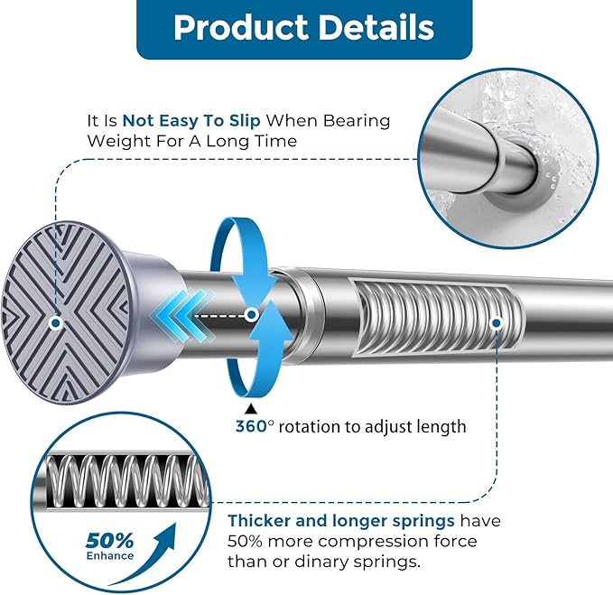 AIZESI Silver Adjustable Tension Curtain Rod, 31-63 Inch Spring No Drill Stainless Steel Shower Rods for Bathroom，Closet ，Window–Rust Resistant，Non-Slip