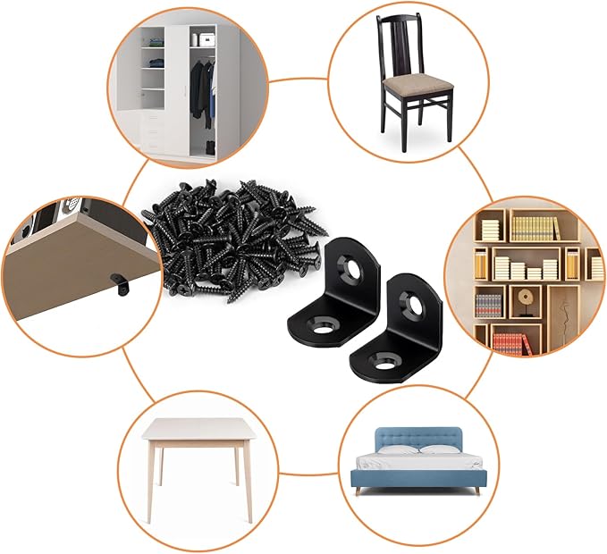 40 Pcs L Bracket Stainless Steel Corner Brace Sets, 90 Degree Right Angle Brackets with 80 Pcs Screws, L Bracket Firmware for Wooden Shelves, Chairs, Tables, Dressers, Furniture (Black)