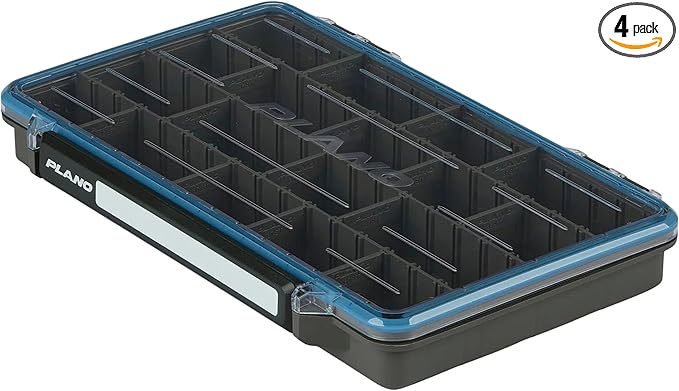 Plano StowAway 3700 Waterproof Stow Tackle Box, 4-Pack, IPX7 Waterproof Rating, with Rustricor, Single Latch Design, Transparent DuraView Lid, Stackable Storage for Fishing Bait, Lures and Gear