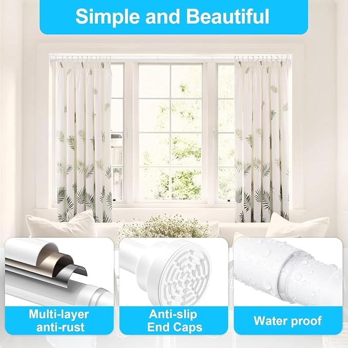 AIZESI White Tension Curtain Rod 30-63 Inch-2PCS, Non-slip Spring Curtain Rod For Windows, No-drilling Adjustable Tension Rod,Non-rust Spring Tension Rod For Doorway Bathroom Kitchen Bedroom