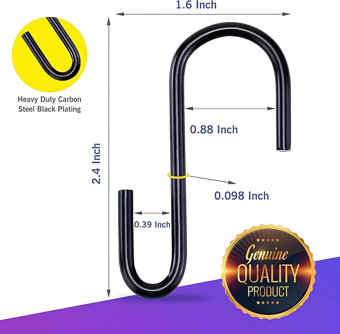 20-Pack Black S Hooks for Hanging 2.4 Inch – Small S Hooks Carbon Steel Hangers for Jeans, Kitchen Pots & Plant Hanging – Lightweight 0.88 Inch Opening Holder for Wire Shelving, Towel & Purse
